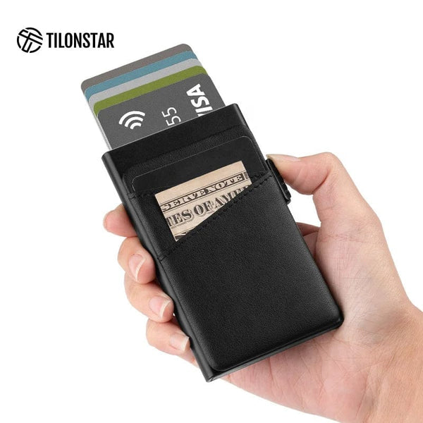 Modern Minimalism: Real Leather Credit Card Holder with Slim Profile and Convenient Pop-Up Design