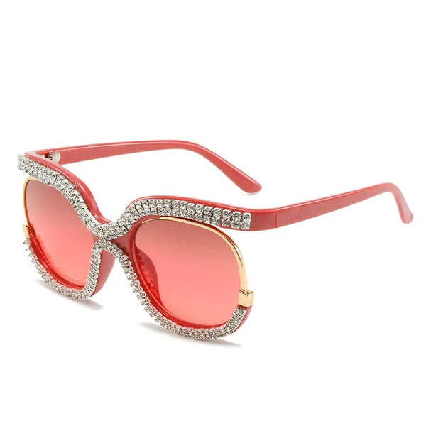 Luxury Bling Diamond Ladies Sunglasses - Fashion Round Half-frame Designer Glasses for Women