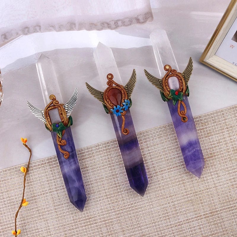 Mystical Elegance: Crystal Craft Fluorite Carvings - Folk-Inspired Swords for Decor