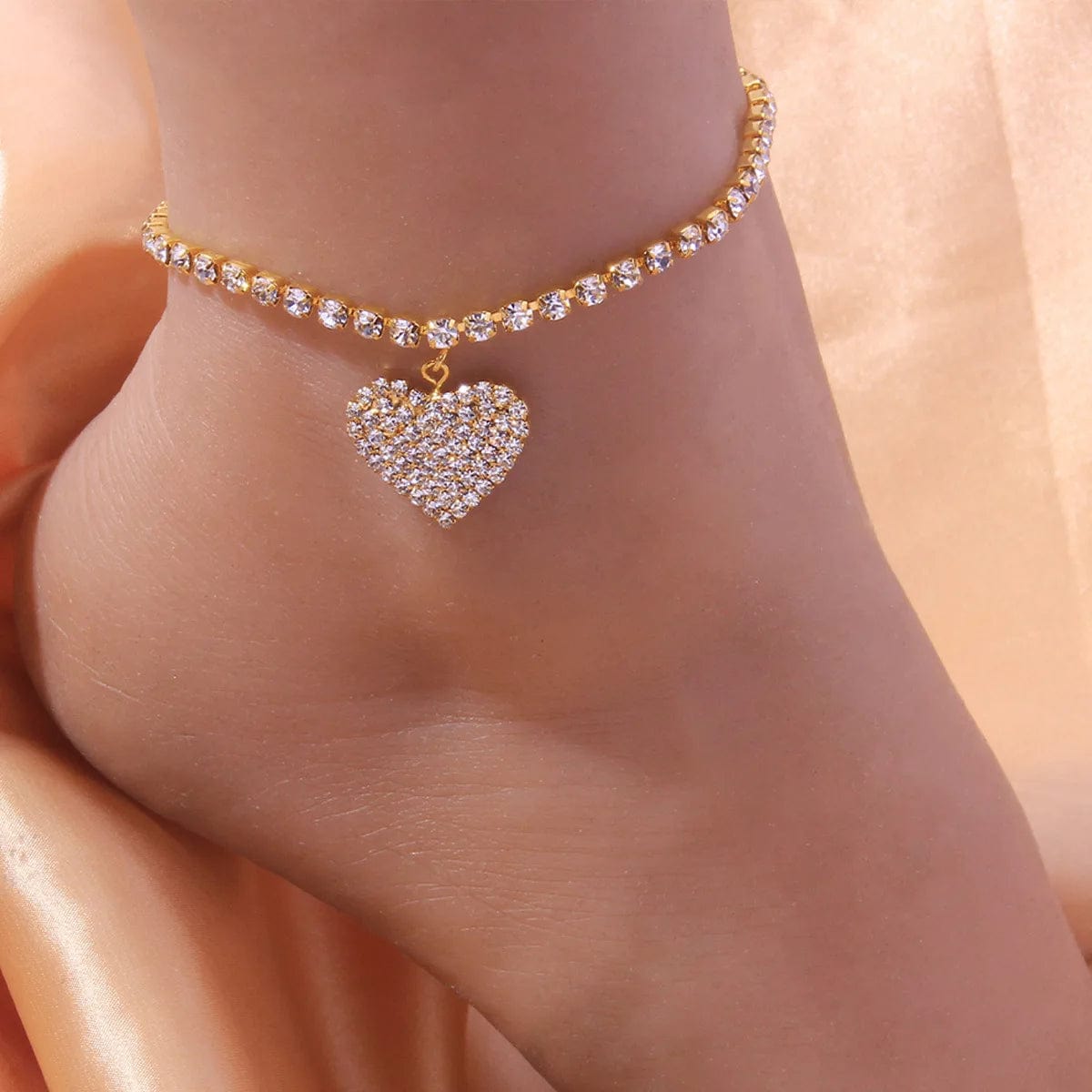 Gold-Plated Barefoot Foot Jewelry - Silver Tennis Rhinestone Crystal Love Heart Charm Anklet for Women