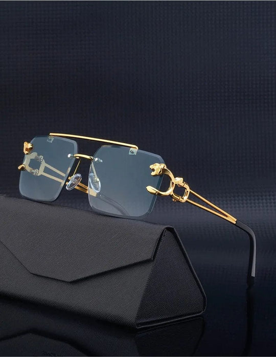 Double Bridge Stylish Rimless Sunglasses: Fashion Metal Vintage Leopard Head Women's Sun Glasses