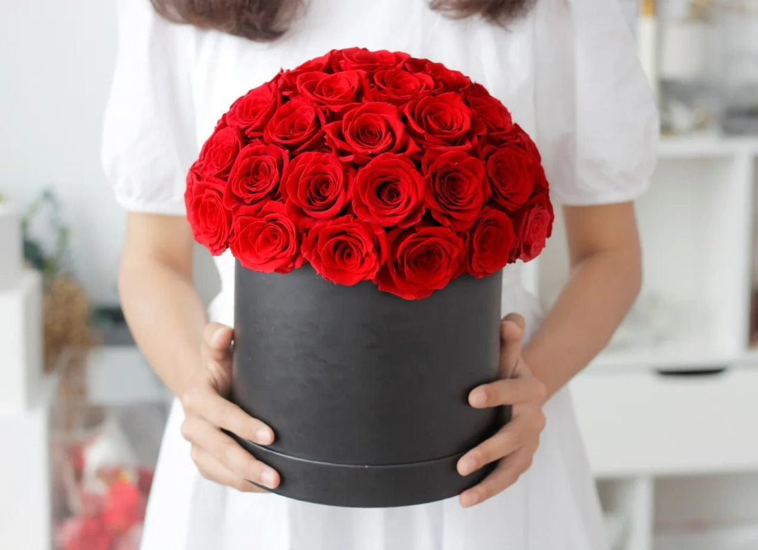 Eternal Love Encased: Mushroom Head Hug Bucket with High-Quality Red Rose Gift