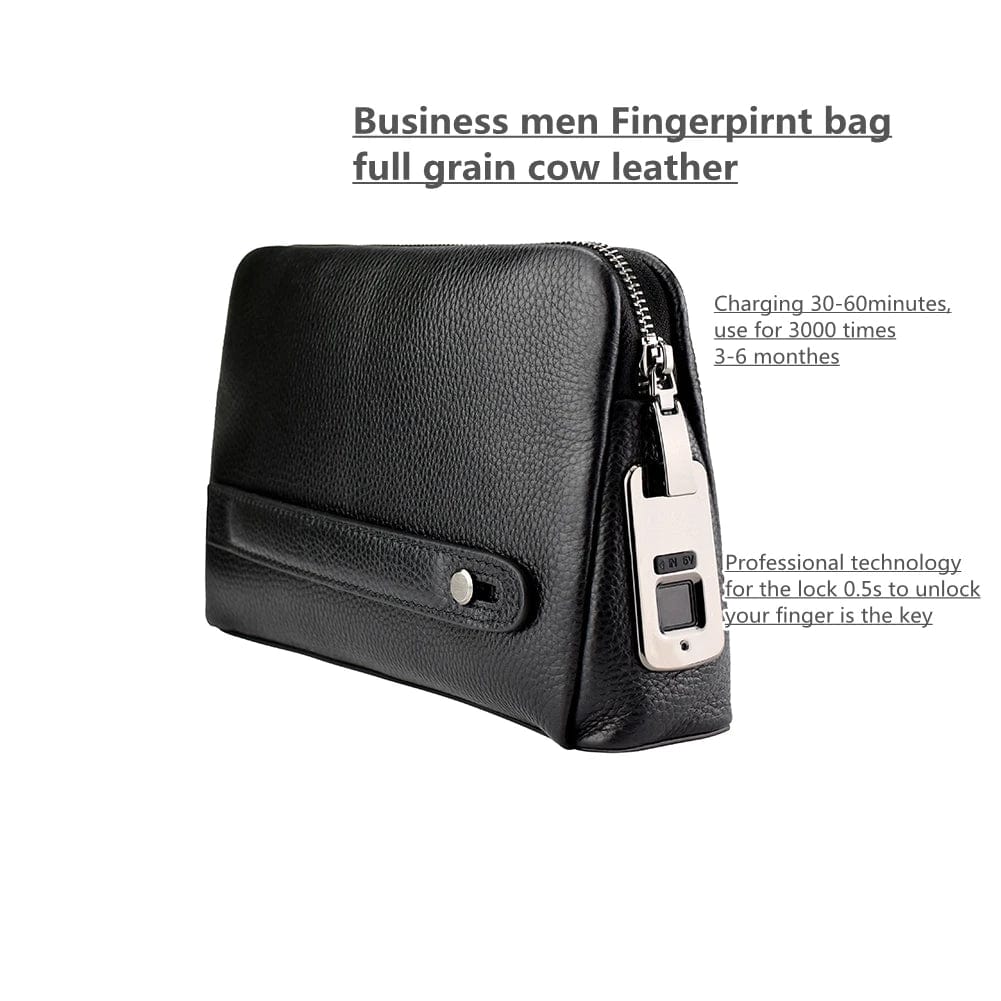 Smart Lock Usb Charge with Zip Unlock by Fingerprint Handbag Male Business Bags Made by GENUINE Leather Fashion Men Black