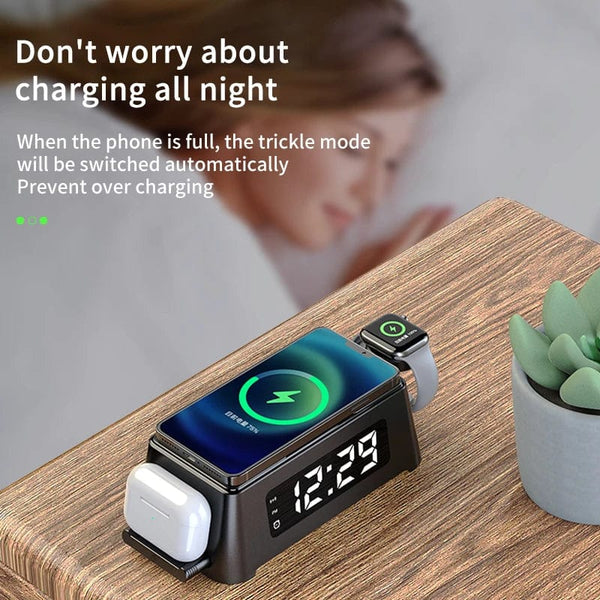 Wireless Charging Alarm Clock: 15W Fast Charger Stand Station for Mobile Phones