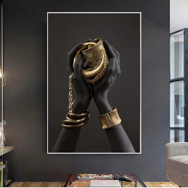 Cultural Elegance: Black Woman's Hand with Gold Jewelry Wall Art - Embrace African Heritage in Your Home Decor