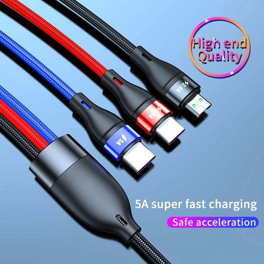 Nylon Braided 5A Super Fast VOOC charging Mobile Micro USB Cable 3 in 1 USB Charging Cable For iphone 12 Android