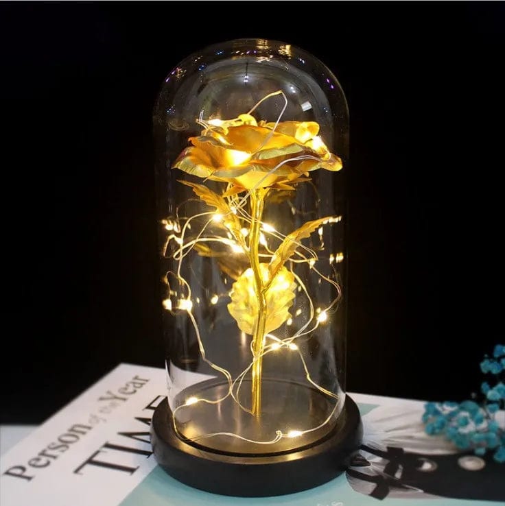 Eternal Spark: Artificial Valentine's Day Gifts - Golden Rose LED Lamp in Glass Dome