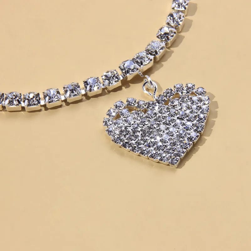 Gold-Plated Barefoot Foot Jewelry - Silver Tennis Rhinestone Crystal Love Heart Charm Anklet for Women