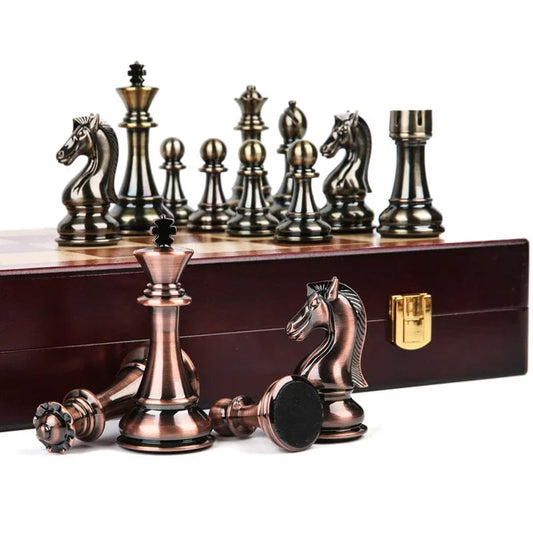Solid Wooden Folding Board with Large Metal Pieces - Chess Mastery Redefined