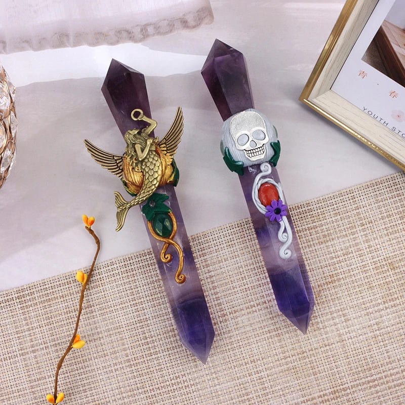 Mystical Elegance: Crystal Craft Fluorite Carvings - Folk-Inspired Swords for Decor