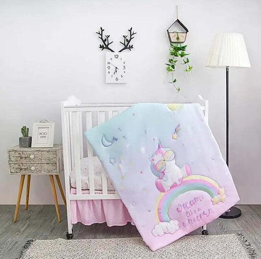 Unicorn Mermaid Pink Baby Quilt and Three-Piece Crib Bedding Set