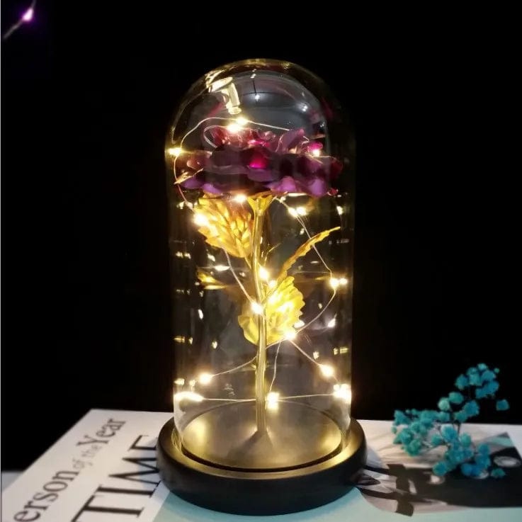 Eternal Spark: Artificial Valentine's Day Gifts - Golden Rose LED Lamp in Glass Dome