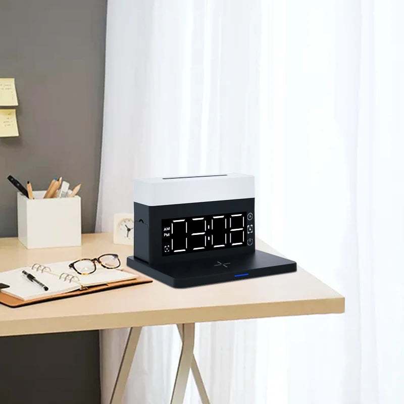 Efficiency Redefined: 4-in-1 Table Lamp with LED Light, Clock, and Fast Wireless Charging