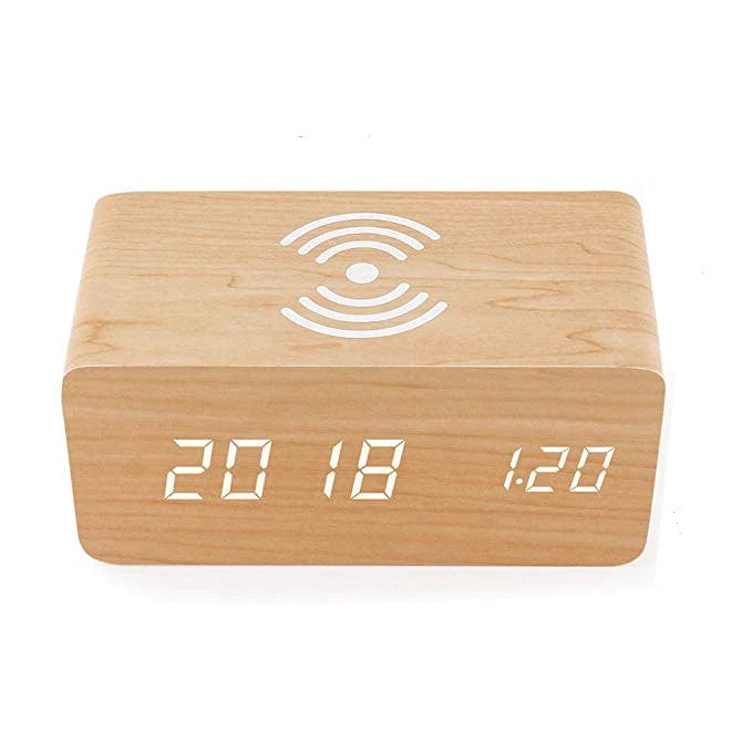 Wooden LED Alarm Clock: Digital Clock with Wireless Charger for Phones 5W/10W Qi