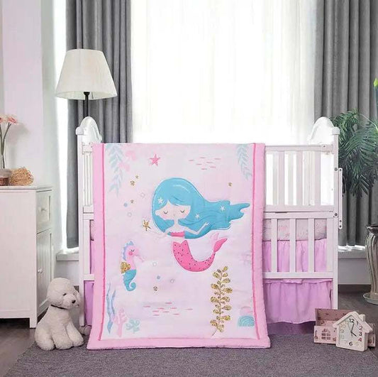 Unicorn Mermaid Pink Baby Quilt and Three-Piece Crib Bedding Set