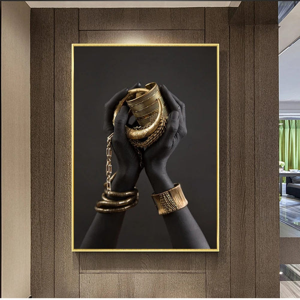 Cultural Elegance: Black Woman's Hand with Gold Jewelry Wall Art - Embrace African Heritage in Your Home Decor