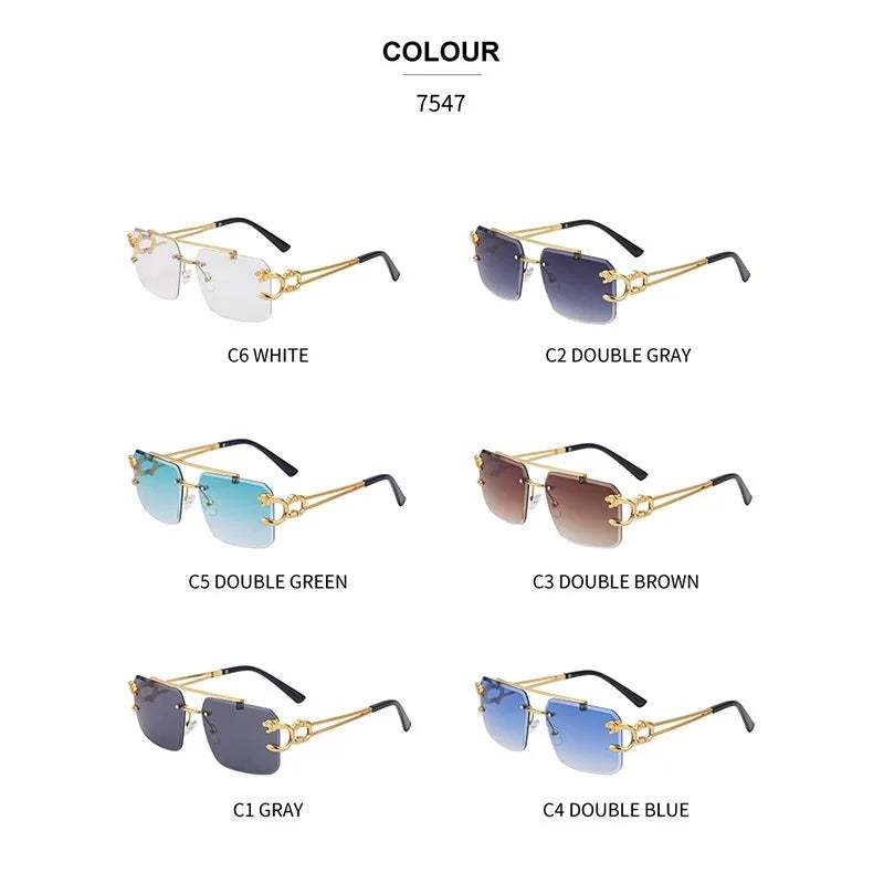 Double Bridge Stylish Rimless Sunglasses: Fashion Metal Vintage Leopard Head Women's Sun Glasses