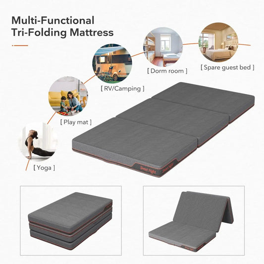 Portable 4-Inch Tri-Fold Cooling-Gel Memory Foam Mattress Topper - Foldable Design with Washable Soft Cover and Non-Slip Bottom