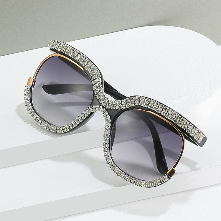 Luxury Bling Diamond Ladies Sunglasses - Fashion Round Half-frame Designer Glasses for Women