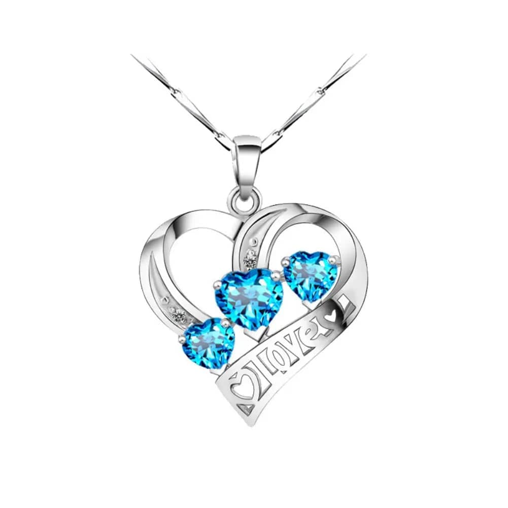 Diamond Inlaid Love Clavicle Necklace: Blue Three Heart Pendant for Women