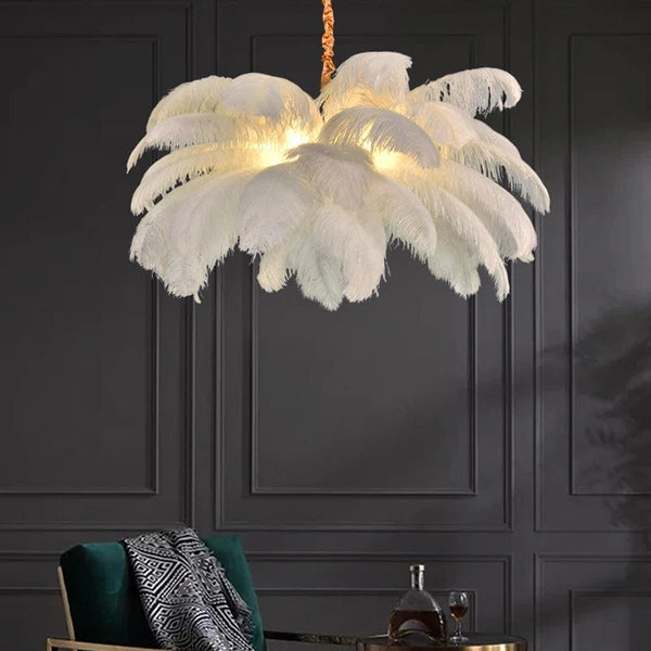 Feathered Elegance: Transform Your Space with a Nordic Luxury LED Chandelier - Modern White Ostrich Feather Pendant Lamp for Stylish Home Decor.