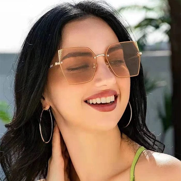 Elegant Gradient Sun Glasses with Hollow Out Design: Luxury Women's Shades with Metal Temples in Black and Brown