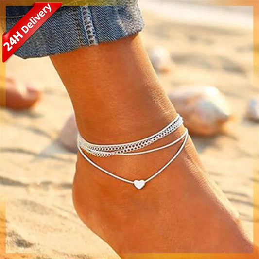 Elegant Two-Layered Heart-Shaped Anklet - Beach Jewelry, Female Anklet Chain, Foot Jewelry for a Stylish Look