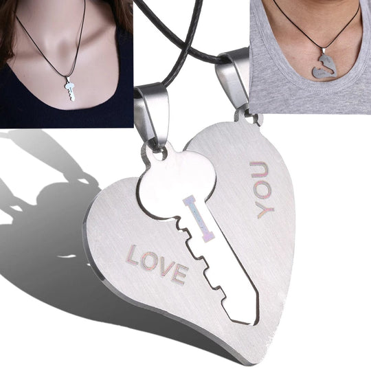 Fashion Simple Stainless Steel Key Puzzle Heart Shaped Lovers Pendant Necklace
