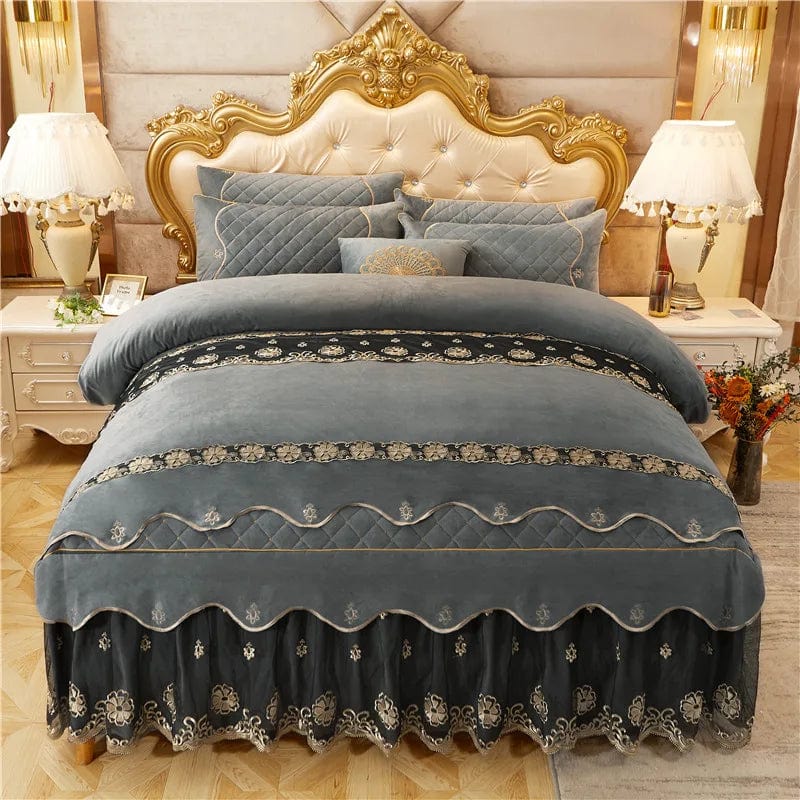 Elegance Redefined: New French Style Embroidery Gray Flannel Duvet Cover Set