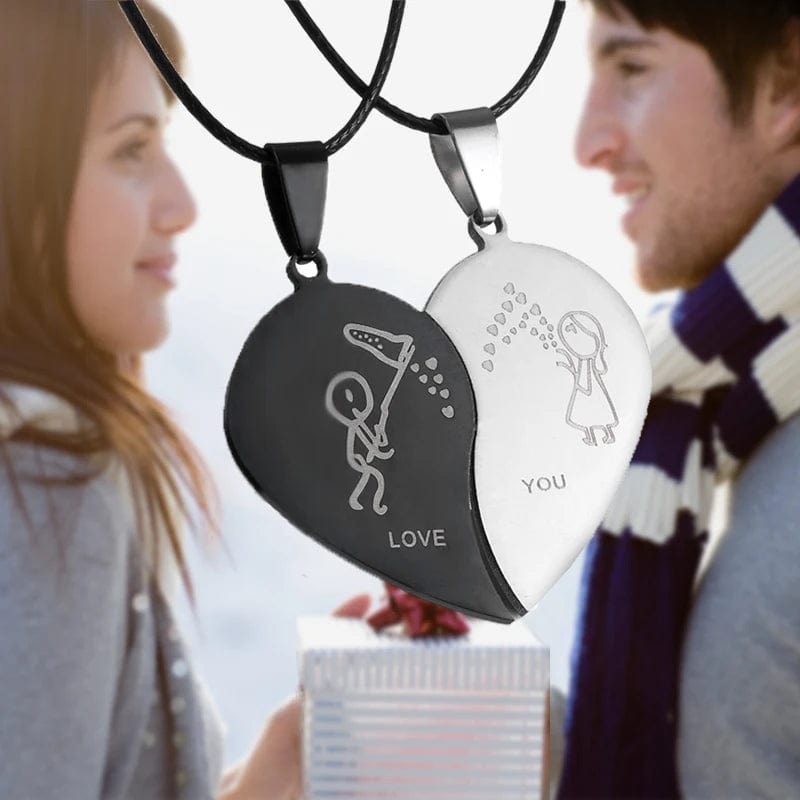 Fashion Simple Stainless Steel Key Puzzle Heart Shaped Lovers Pendant Necklace