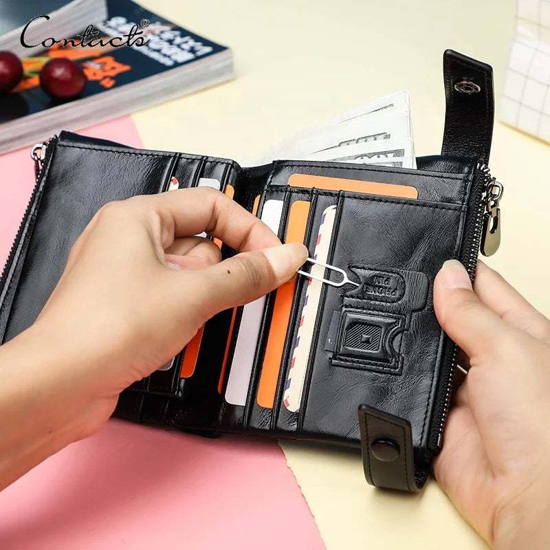 Women Genuine Leather RFID Blocking Wallet Casual Double Zipper Pocket Large Capacity Short Leather Coin Purse Wallet