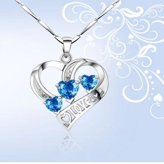 Diamond Inlaid Love Clavicle Necklace: Blue Three Heart Pendant for Women