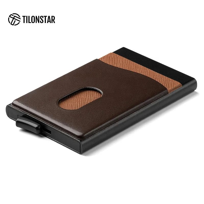 Smart Style Companion: TILONSTAR Leather Aluminum Wallet with Pop-Up Card Case for Modern Men