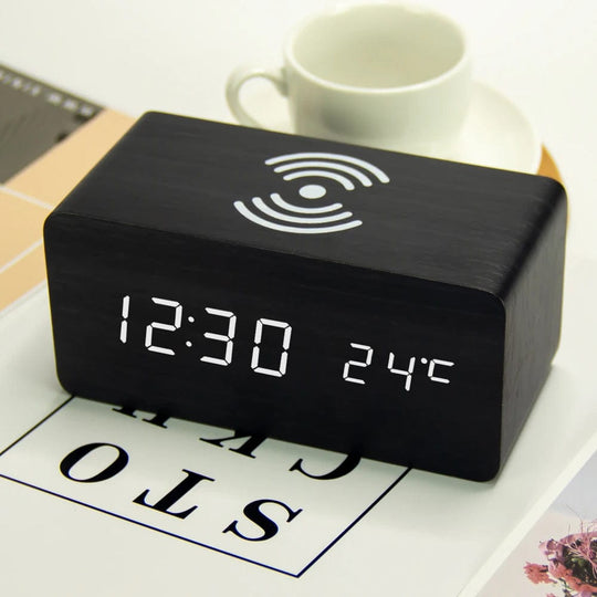 Wooden LED Alarm Clock: Digital Clock with Wireless Charger for Phones 5W/10W Qi