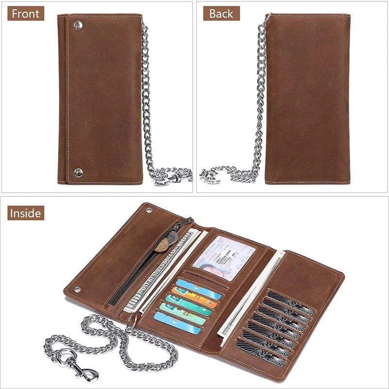 Rugged Sophistication: Long Wallet with Chain, RFID Blocking, and Zipper Coin Pocket