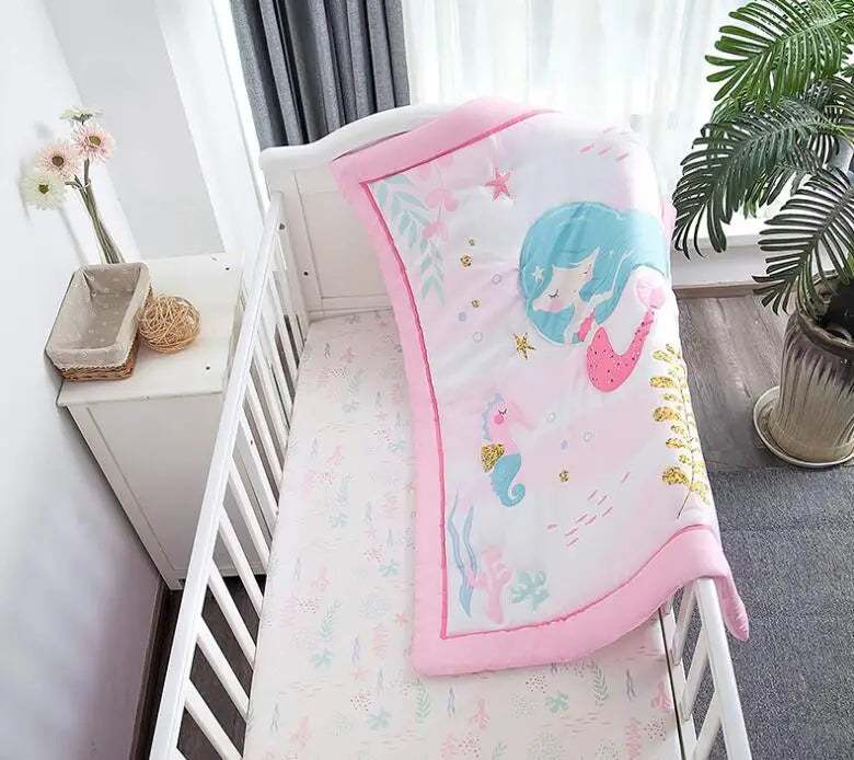 Unicorn Mermaid Pink Baby Quilt and Three-Piece Crib Bedding Set