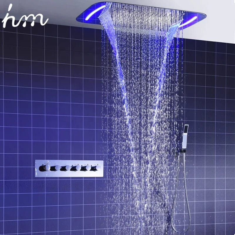 Spa-Inspired Elegance: Thermostatic Faucet Shower Set with LED Large Top Spray and Waterfall Modes