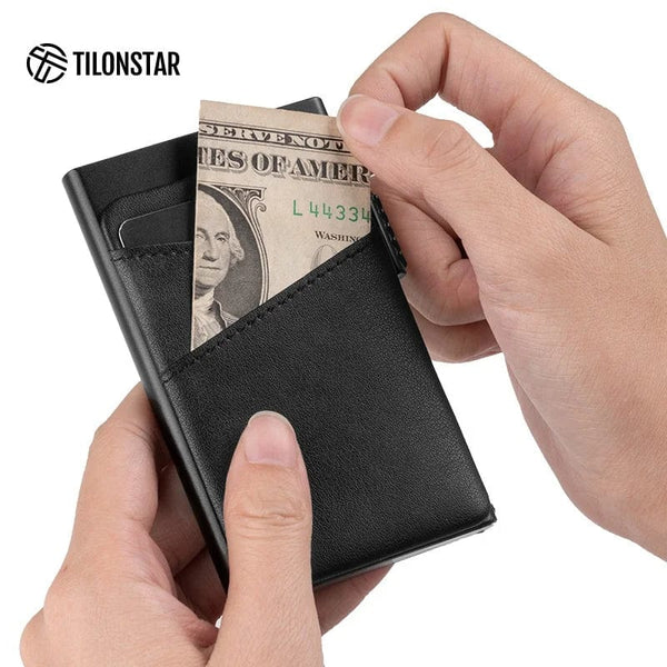 Modern Minimalism: Real Leather Credit Card Holder with Slim Profile and Convenient Pop-Up Design