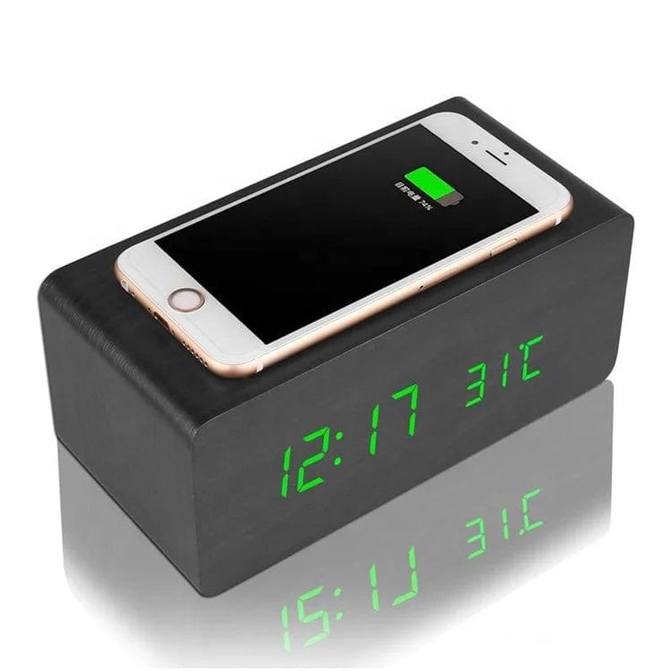 Wooden LED Alarm Clock: Digital Clock with Wireless Charger for Phones 5W/10W Qi