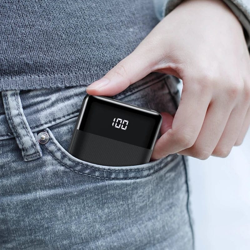 Mini Powerbank 10000mAh: Your Perfect Battery Boost with LED Indicator and Dual USB.