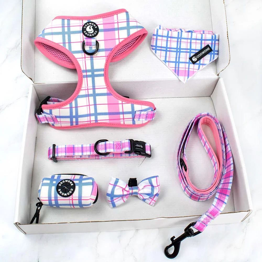 Neoprene Dog Harness with Matching Dog Collar Leash Bow Tie and Bandana Set