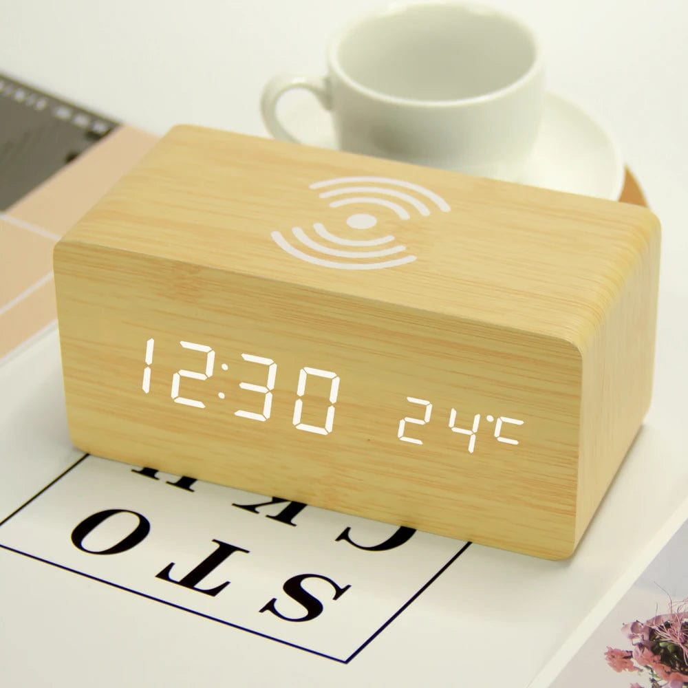 Wooden LED Alarm Clock: Digital Clock with Wireless Charger for Phones 5W/10W Qi