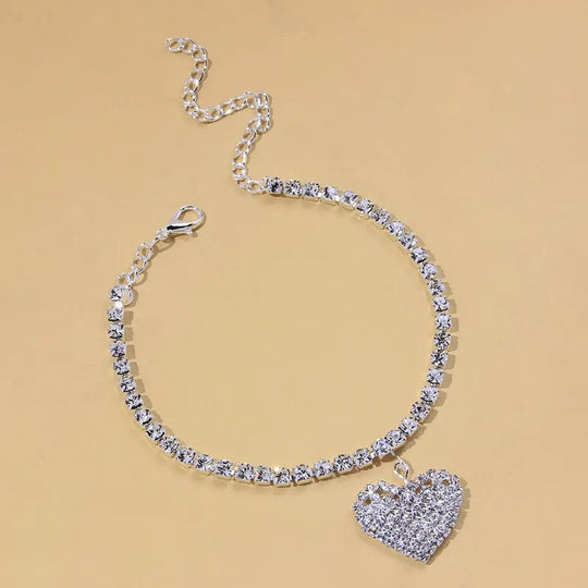 Gold-Plated Barefoot Foot Jewelry - Silver Tennis Rhinestone Crystal Love Heart Charm Anklet for Women