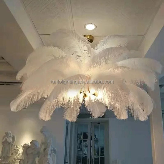 Feathered Elegance: Transform Your Space with a Nordic Luxury LED Chandelier - Modern White Ostrich Feather Pendant Lamp for Stylish Home Decor.