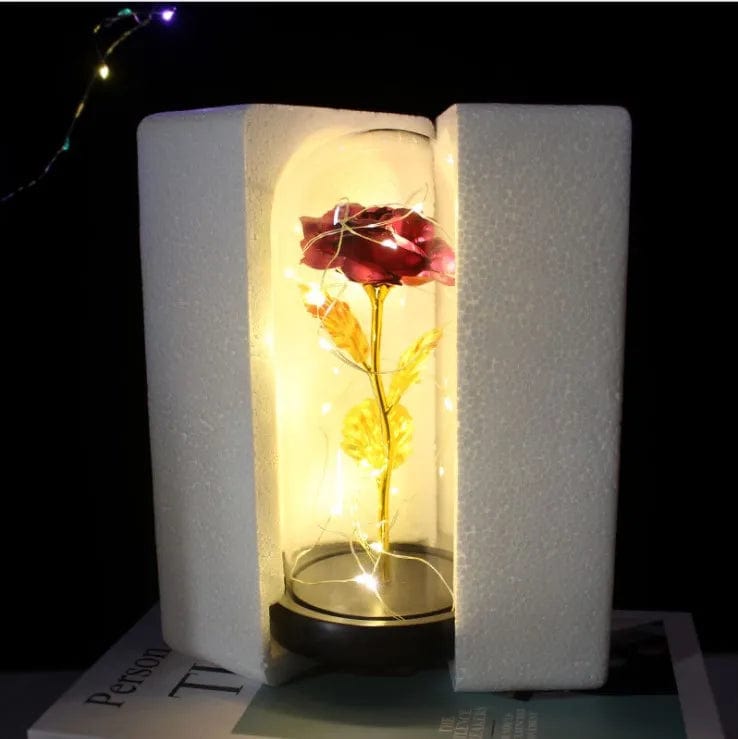 Eternal Spark: Artificial Valentine's Day Gifts - Golden Rose LED Lamp in Glass Dome