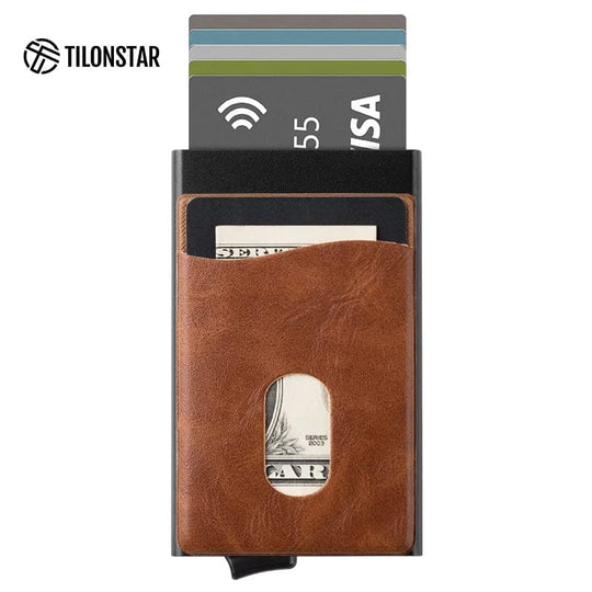 Smart Style Companion: TILONSTAR Leather Aluminum Wallet with Pop-Up Card Case for Modern Men