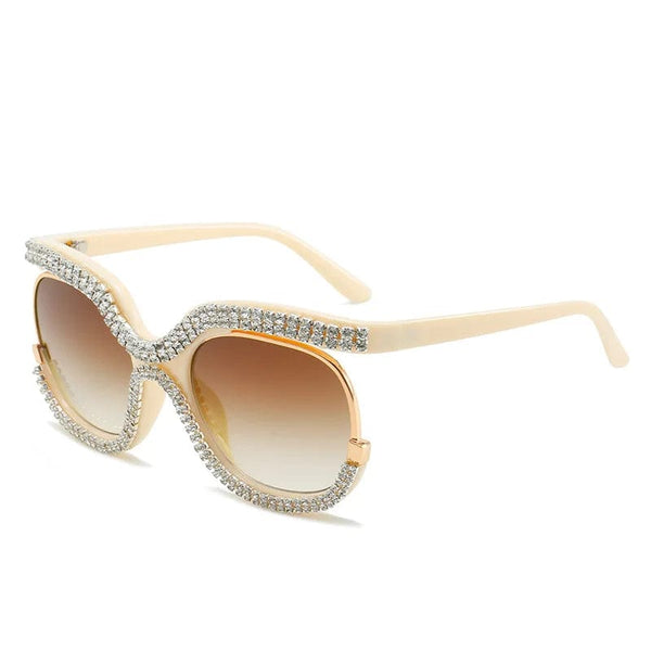 Luxury Bling Diamond Ladies Sunglasses - Fashion Round Half-frame Designer Glasses for Women