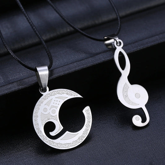 High-Quality 316 Stainless Steel Geometric Music Symbol Pendant Necklace - Simple Design with Leather Rope