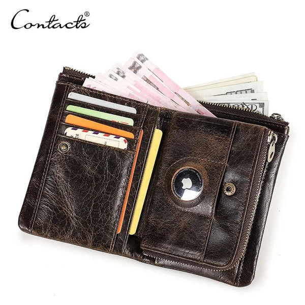 Vintage Elegance Meets Tech: Men's Smart RFID Bifold Airtag Wallet Holder with Crackled Leather