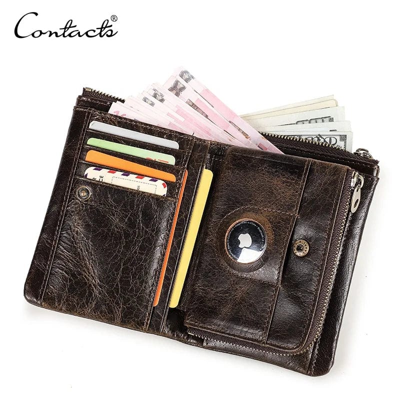 Vintage Elegance Meets Tech: Men's Smart RFID Bifold Airtag Wallet Holder with Crackled Leather